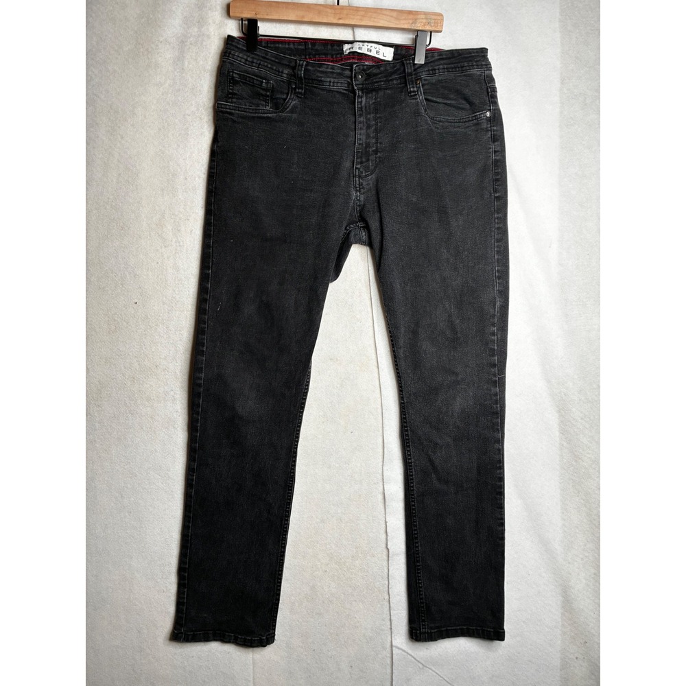 Artful Rebel Mens Slim Straight Jeans Faded Black Stretch Denim 34x32 Fits 36x31